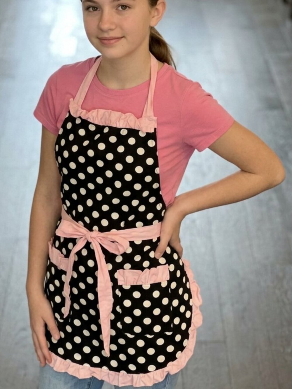 Handmade Kitchen Bib Apron Small Woman/Teen Girl Polka Dots Black, White, Pink